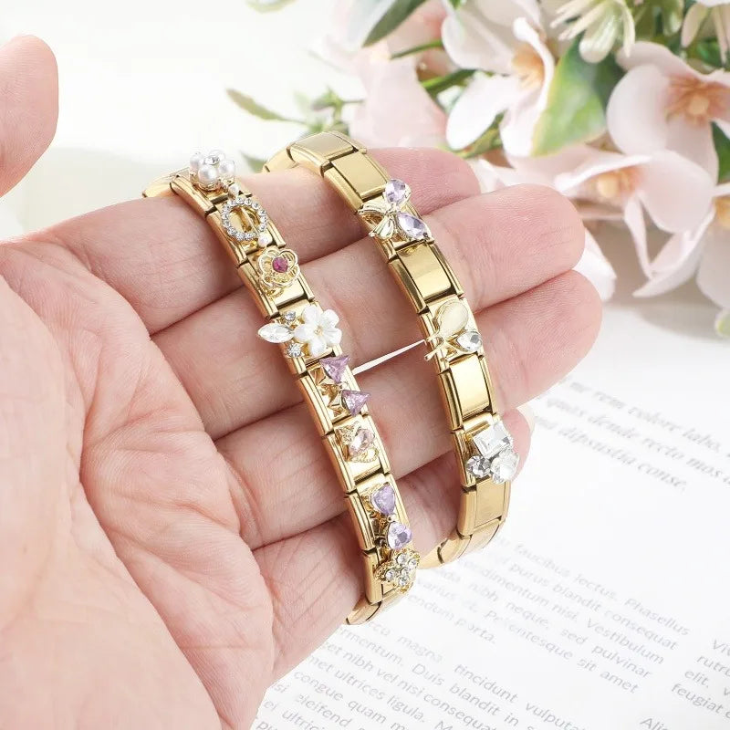 Premium Gold Color Zircon Bowknot Italian Charm Bracelet Stainless Steel Elastic Bracelet Link Bangle DIY Women Men Jewelry Gift