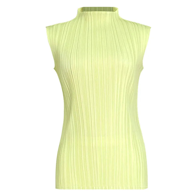 Miyake Pleated Elegant Fashion Temperament Solid Color Half High Neck Sleeveless Women's Vest 2026 Summer New Breathable Top