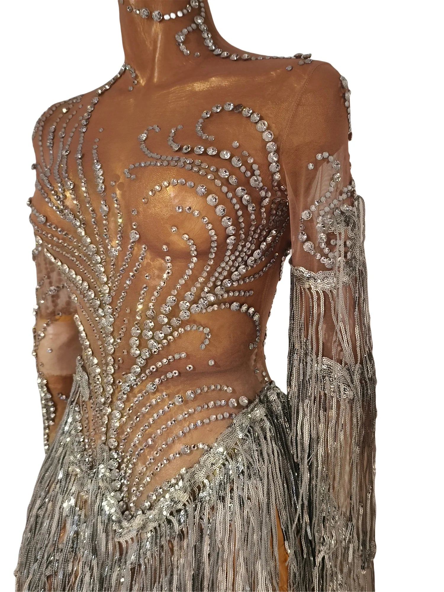Silver Rhinestone Pearl Fringe Long Dress Birthday Celebrate Transparent Dresses Women Dancer Ballroom Dresses Competition