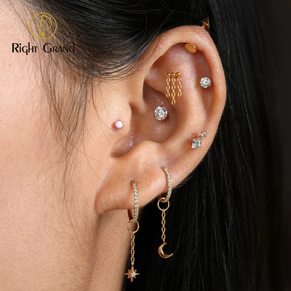 Right Grand ASTM F136 Titanium Tiny Moon Dangle Charm Earring Drop Chain Celestial Cartilage Helix Lobe Conch Clicker Connector