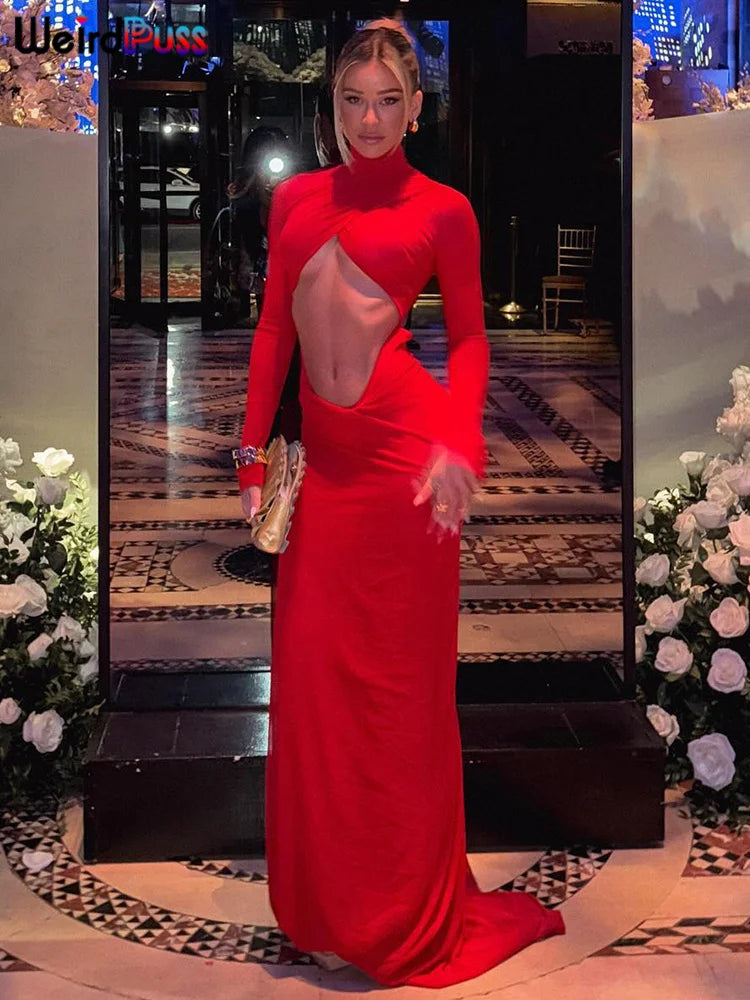 Weird Puss High Neck Women Dress Hollow Out Irregular Back Floor-Length Waistless Skinny Sexy Chirstmas Festival Partywear Robe