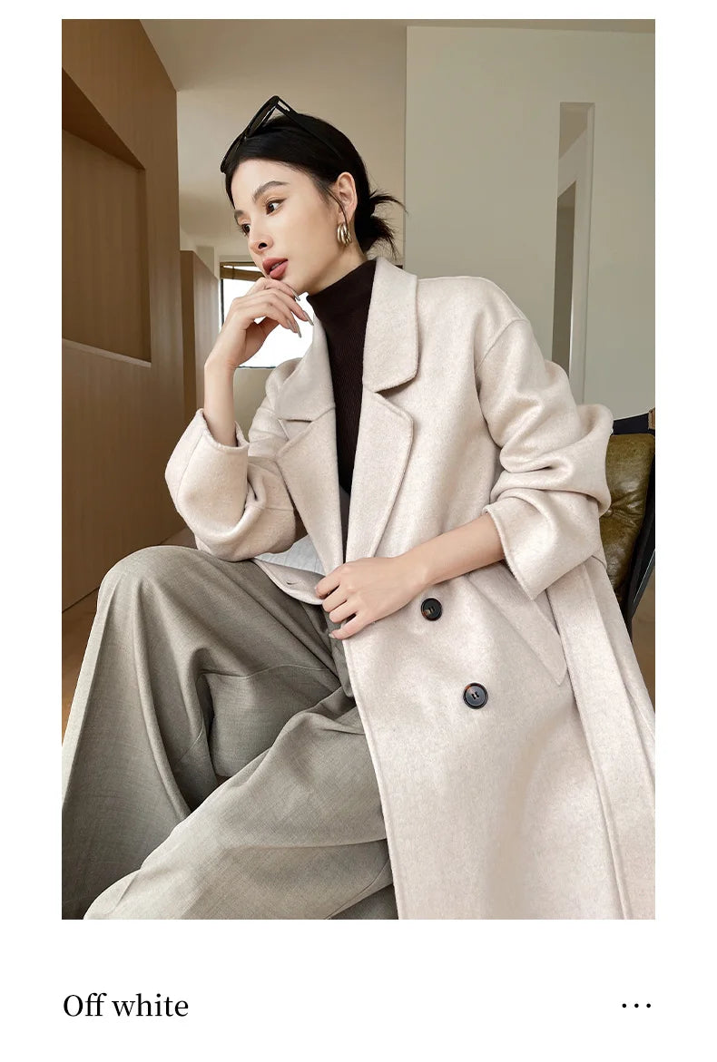 Notch Lapel Wool Coat Drop-Shoulder Women 100% Wool Loose Overcoat Double-Layers Autumn Winter Long Jacket Thick Trench Coat #24