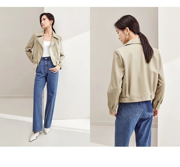 SENTUBILA Cropped Pu Leather Bomber Jacket Women 2026 Autumn Winter Vintage Lapel Zip Up Faux Leather Jacket Motorcycle Coats
