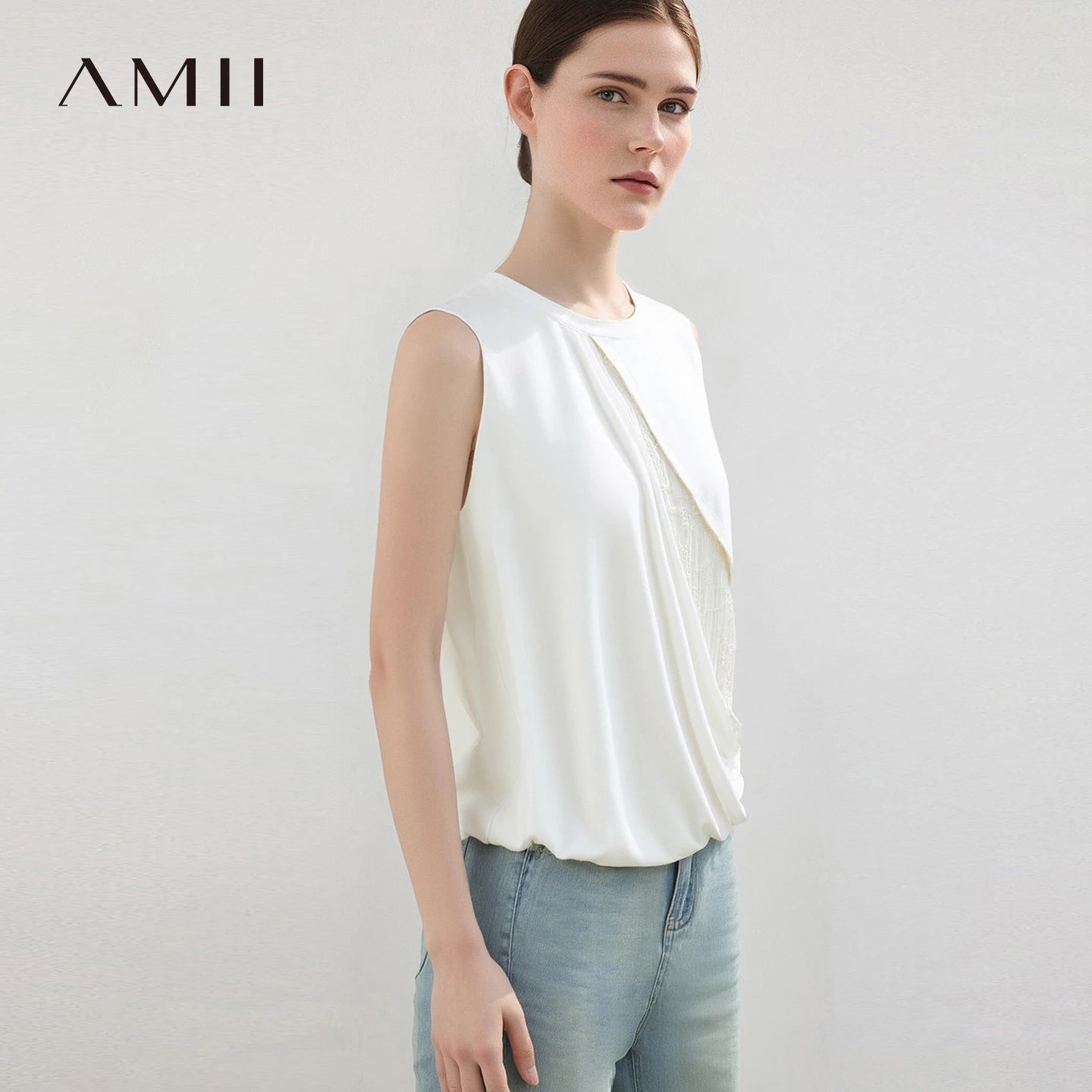 Amii Women's Camisole 2026 Summer New Round Neck Stretch Jacquard Patchwork Tank Top Casual Sleeveless Vest For Women 12652011