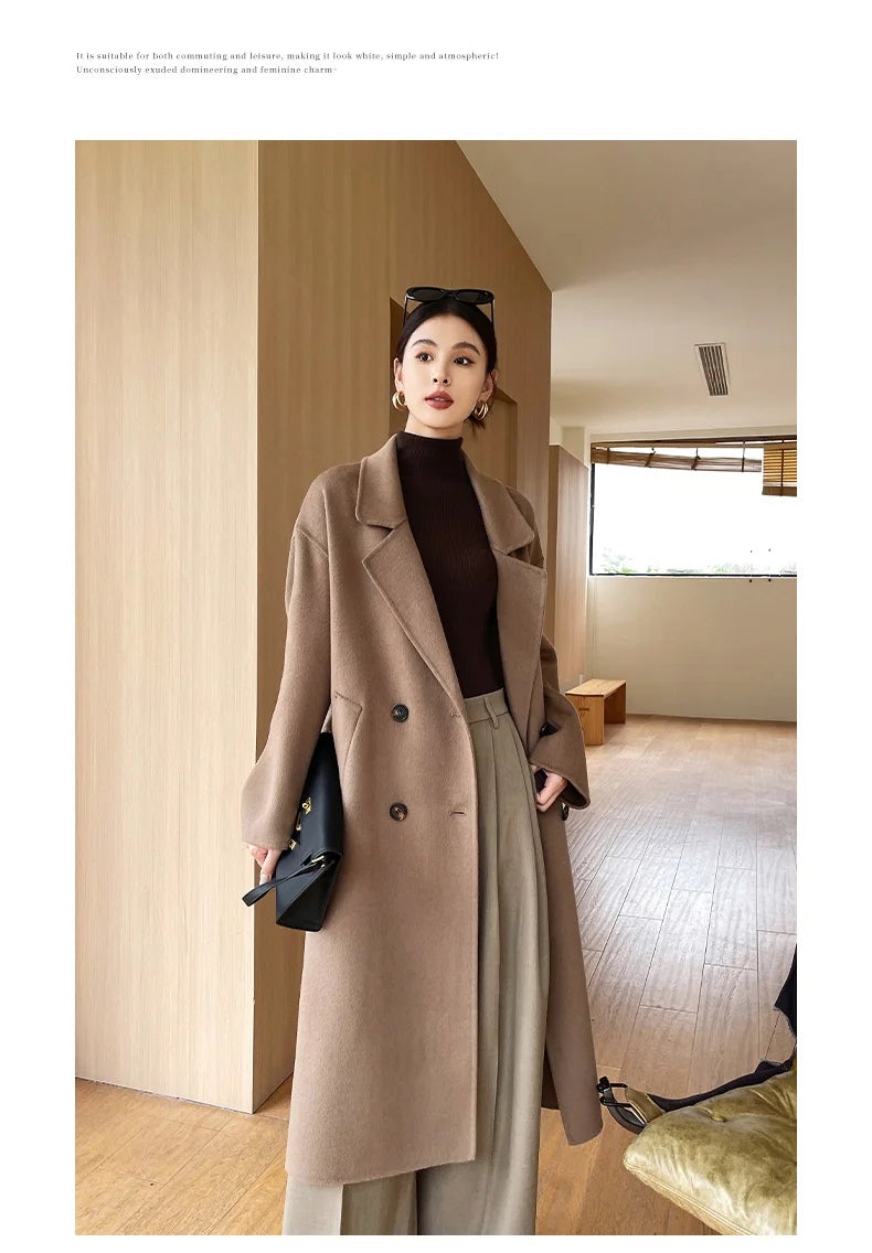 Notch Lapel Wool Coat Drop-Shoulder Women 100% Wool Loose Overcoat Double-Layers Autumn Winter Long Jacket Thick Trench Coat #24