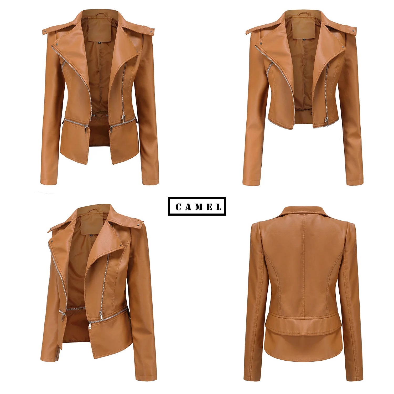 Women Faux Leather Coat Turn Down Collar Full Sleeve Jackets Zipper Casual Splice Coats Short Jacket Sexy Slim Fit Autumn