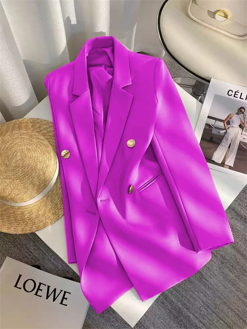 Women's Elegant Metal Buckle White Suit Jacket Casual Office Lady Blazer High-end Feel Western-style Clothes Spring Autumn 2025