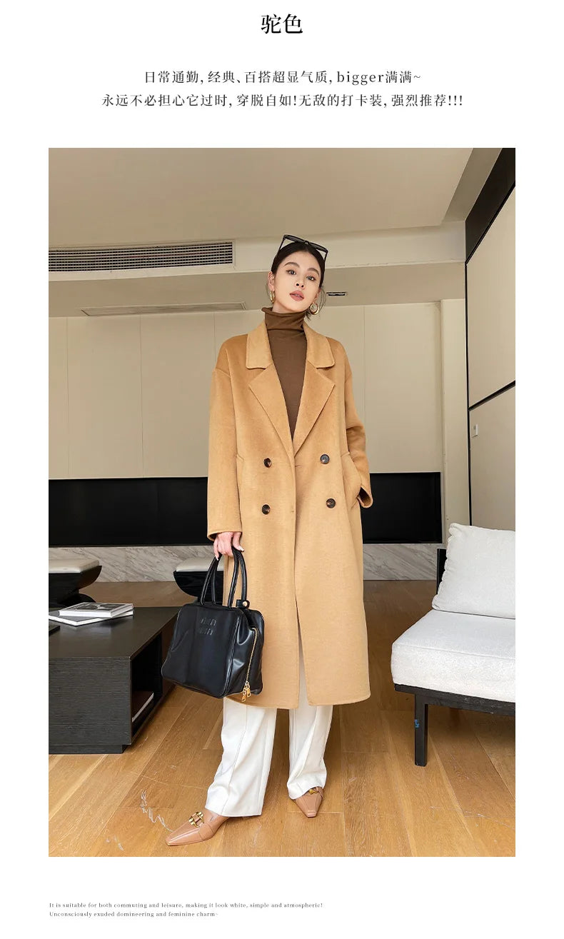 Notch Lapel Wool Coat Drop-Shoulder Women 100% Wool Loose Overcoat Double-Layers Autumn Winter Long Jacket Thick Trench Coat #24