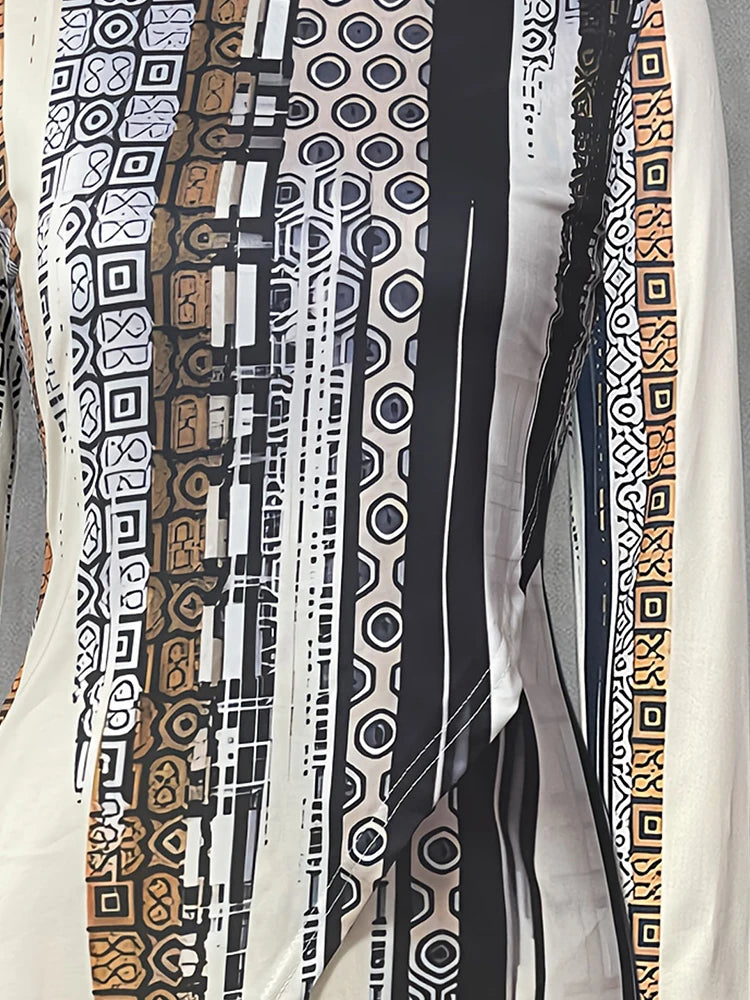 Women's Ethnic Print Long - Sleeve T - Shirt, Irregular Hem, Artistic Patterned Top, Casual Loose Fit, Unique Fashion for Daily