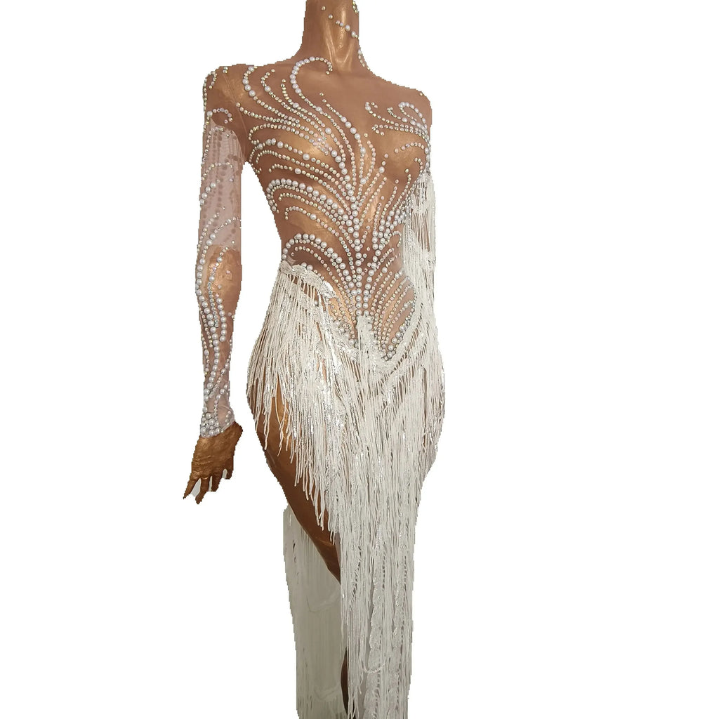 Silver Rhinestone Pearl Fringe Long Dress Birthday Celebrate Transparent Dresses Women Dancer Ballroom Dresses Competition