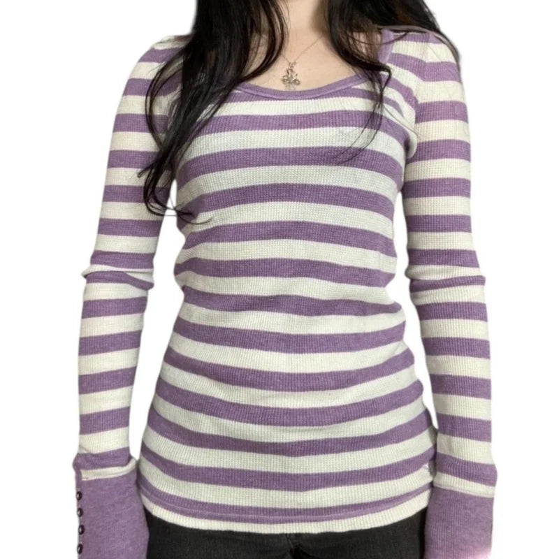 Women Y2K Harajuku Striped Tees Shirt Retro Aesthetic 90s E Girls Grunge Gothic Knitted Casual Fashion Long Sleeve Tops ﻿Street
