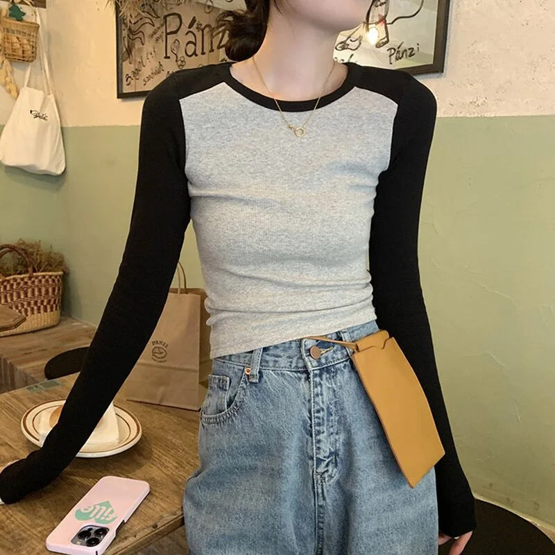Ribbed Long Sleeve T-Shirt Women's Spring Autumn Thin Style Raglan Sleeve Slim Fit Round Neck Fashionable Underwear Top Wear