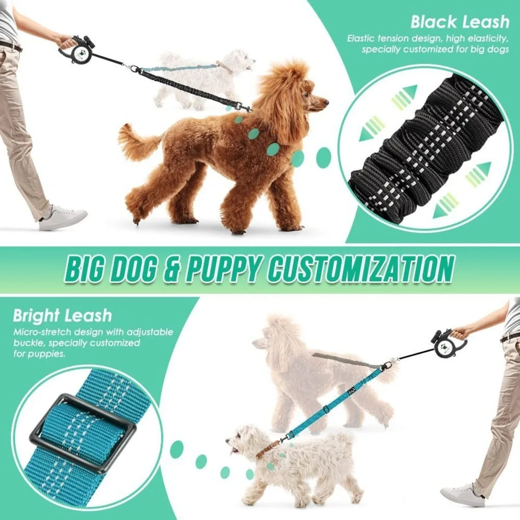 16ft Long Dual Dog Leash Attachment - Double Leashes for Training Small To Large Dogs - Adjustable Strap, Shock Absorbing Bungee