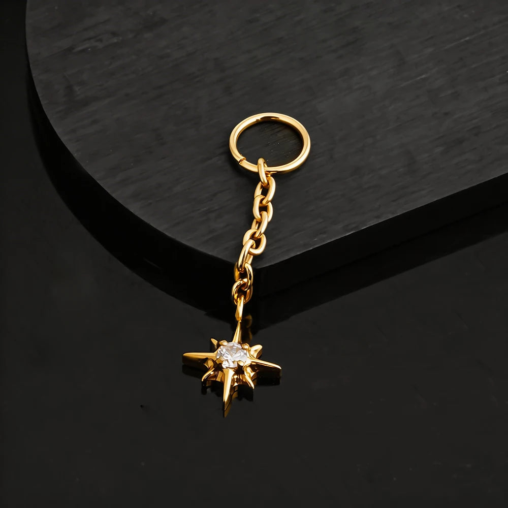 Right Grand ASTM F136 Titanium Dangle Star Charm Earring Drop Chain Celestial Cartilage Helix Lobe Conch Clicker Connector