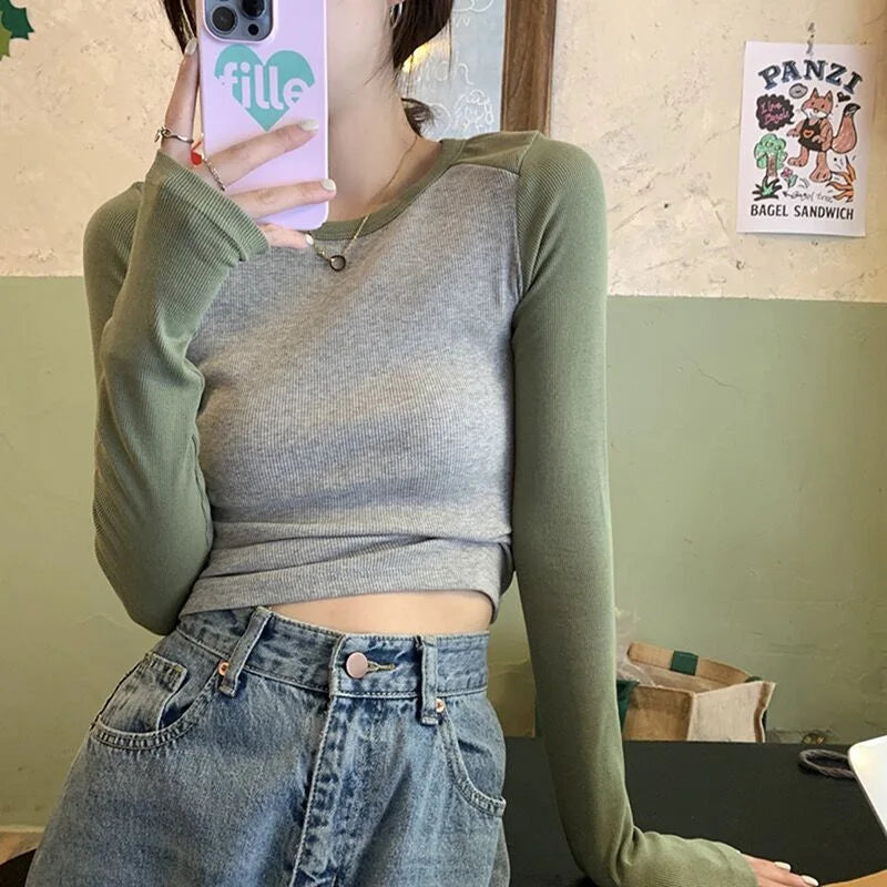 Ribbed Long Sleeve T-Shirt Women's Spring Autumn Thin Style Raglan Sleeve Slim Fit Round Neck Fashionable Underwear Top Wear