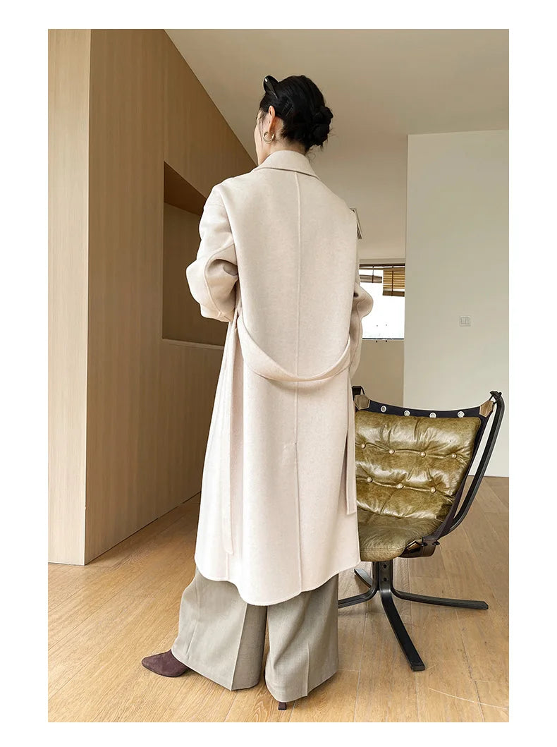 Notch Lapel Wool Coat Drop-Shoulder Women 100% Wool Loose Overcoat Double-Layers Autumn Winter Long Jacket Thick Trench Coat #24