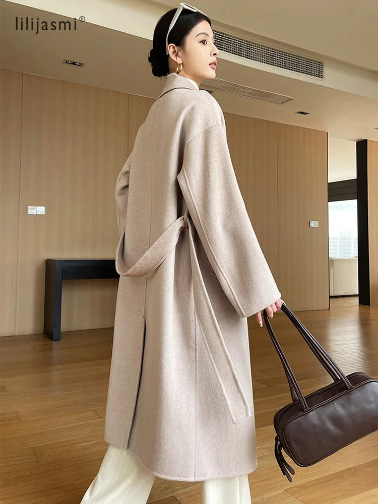 Notch Lapel Wool Coat Drop-Shoulder Women 100% Wool Loose Overcoat Double-Layers Autumn Winter Long Jacket Thick Trench Coat #24