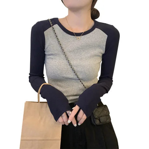 Ribbed Long Sleeve T-Shirt Women's Spring Autumn Thin Style Raglan Sleeve Slim Fit Round Neck Fashionable Underwear Top Wear