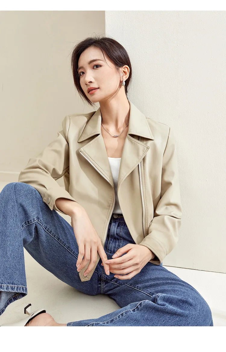 SENTUBILA Cropped Pu Leather Bomber Jacket Women 2026 Autumn Winter Vintage Lapel Zip Up Faux Leather Jacket Motorcycle Coats