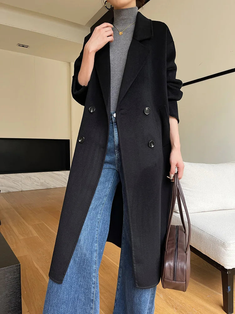 Notch Lapel Wool Coat Drop-Shoulder Women 100% Wool Loose Overcoat Double-Layers Autumn Winter Long Jacket Thick Trench Coat #24