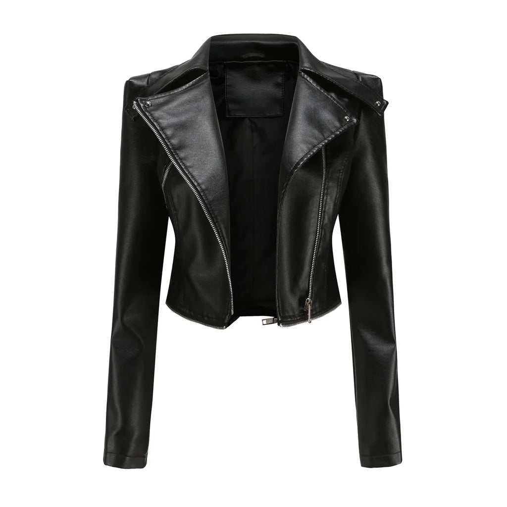 Women Faux Leather Coat Turn Down Collar Full Sleeve Jackets Zipper Casual Splice Coats Short Jacket Sexy Slim Fit Autumn