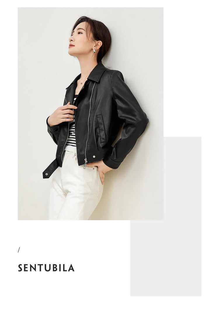SENTUBILA Cropped Pu Leather Bomber Jacket Women 2026 Autumn Winter Vintage Lapel Zip Up Faux Leather Jacket Motorcycle Coats