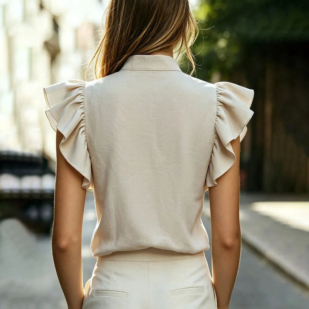 Summer Ruffles Loose Blouse Women 2026 Summer Solid Color Short Sleeve V-neck Tops Shirts Casual