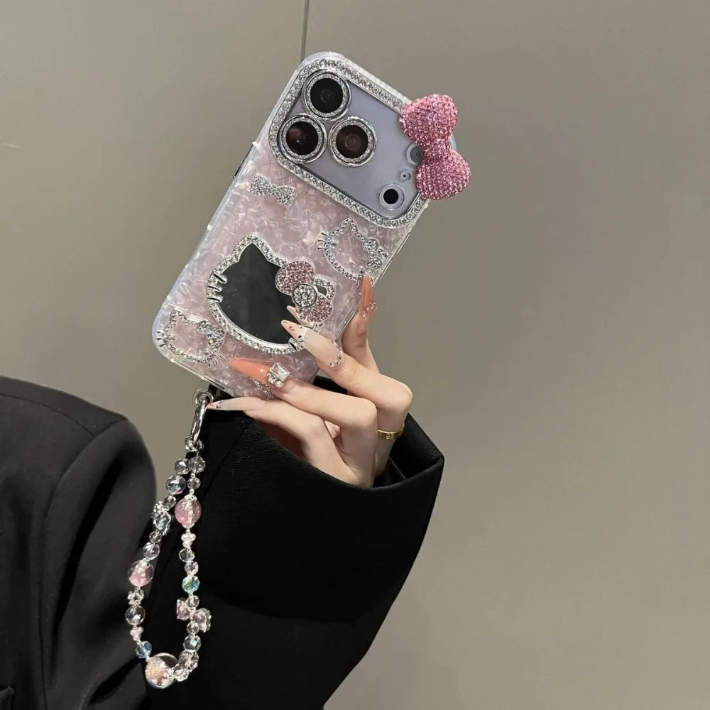 3D Cute Cartoon Sanrio Hello Kitty Glitter Phone Case for IPhone 17 16 15 14 13 12 Pro Max Shockproof Hard Makeup Mirror Cover
