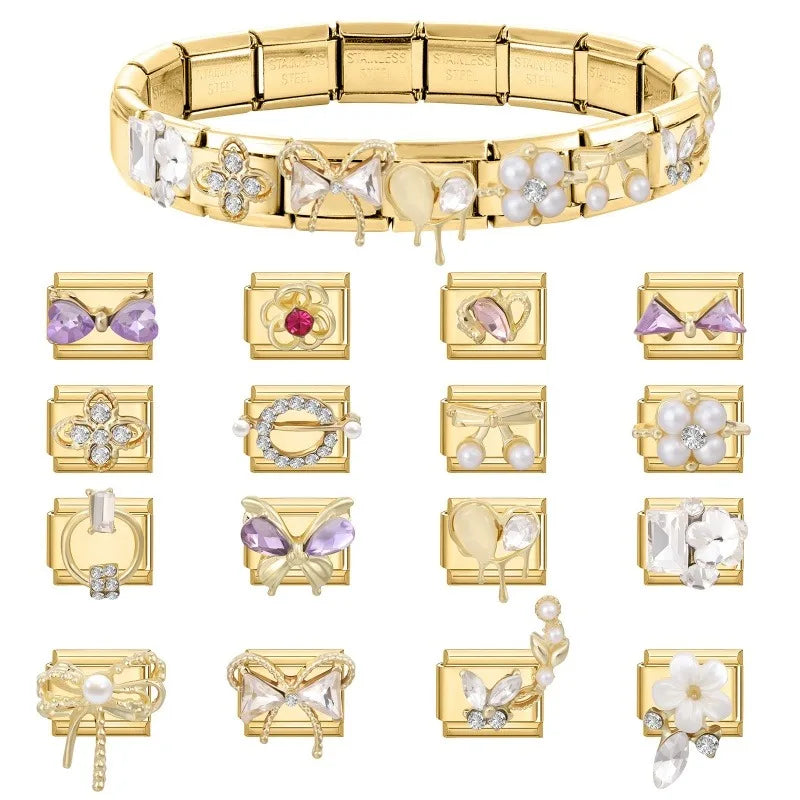 Premium Gold Color Zircon Bowknot Italian Charm Bracelet Stainless Steel Elastic Bracelet Link Bangle DIY Women Men Jewelry Gift