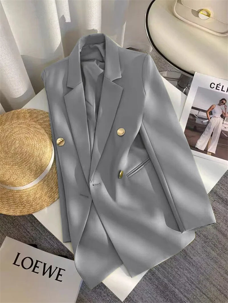 Women's Elegant Metal Buckle White Suit Jacket Casual Office Lady Blazer High-end Feel Western-style Clothes Spring Autumn 2025