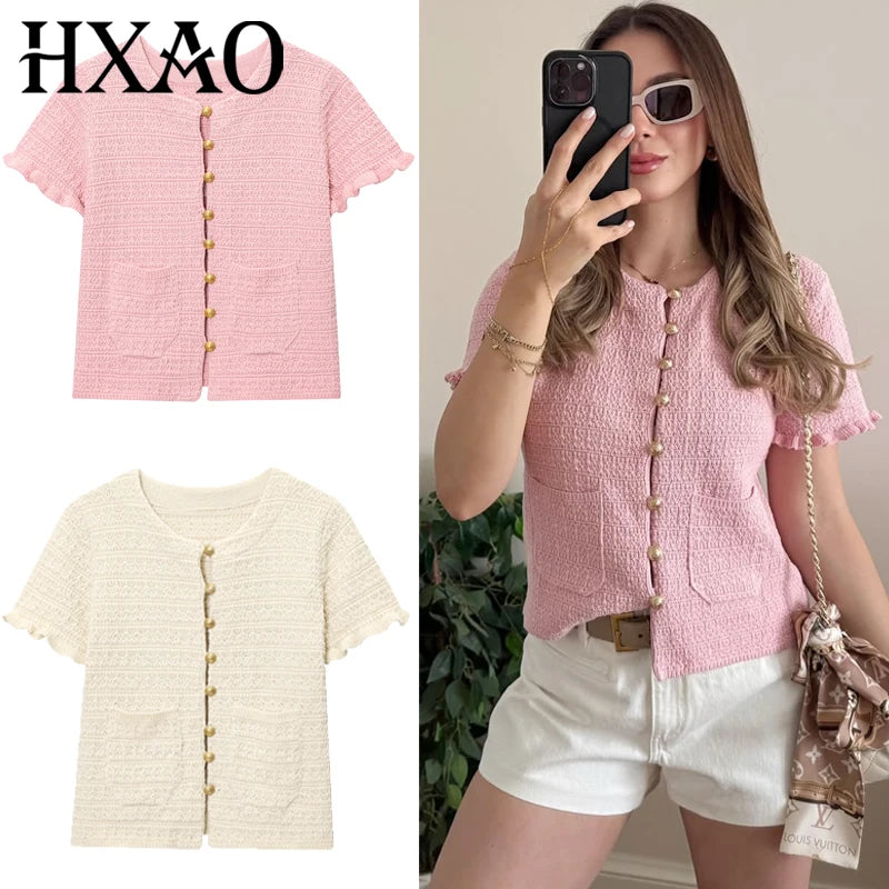 HXAO Crop Knit Cardigan For Women Summer Knitwear 2025 Women's Sweater Pink Off White O-Neck Short Sleeve Bolero Cardigan Woman