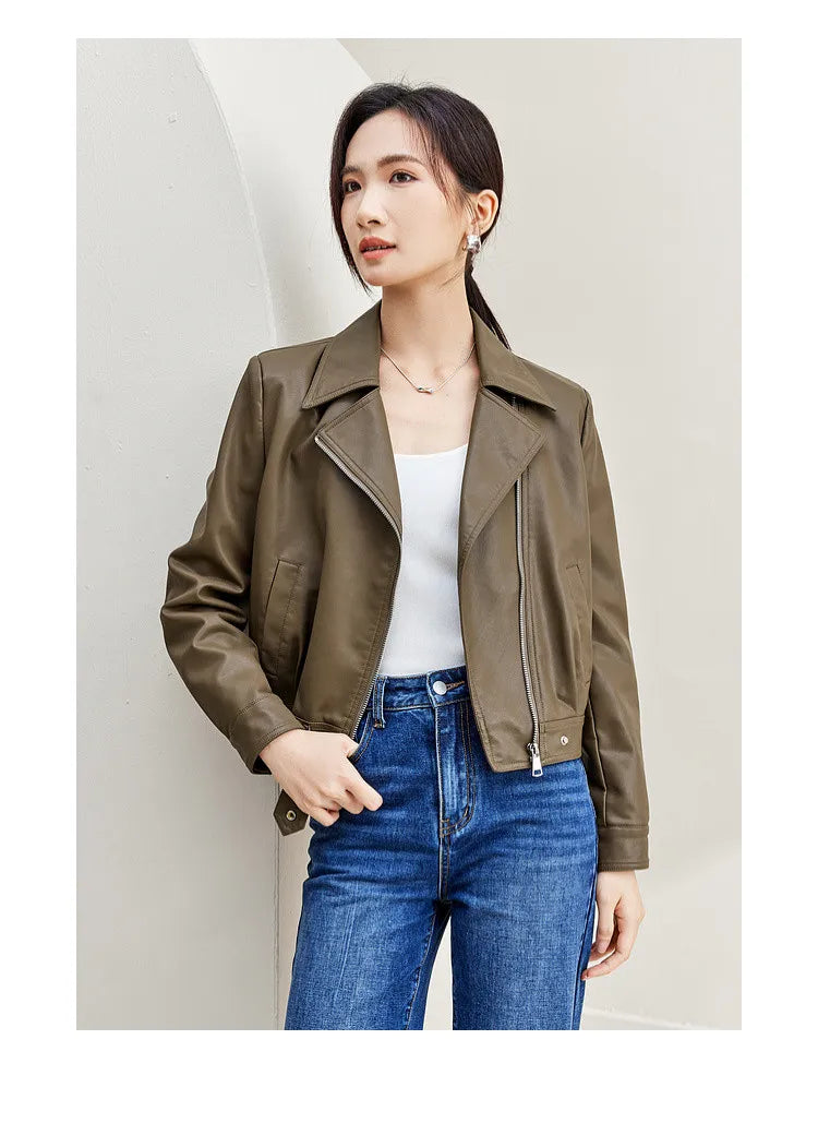 SENTUBILA Cropped Pu Leather Bomber Jacket Women 2026 Autumn Winter Vintage Lapel Zip Up Faux Leather Jacket Motorcycle Coats