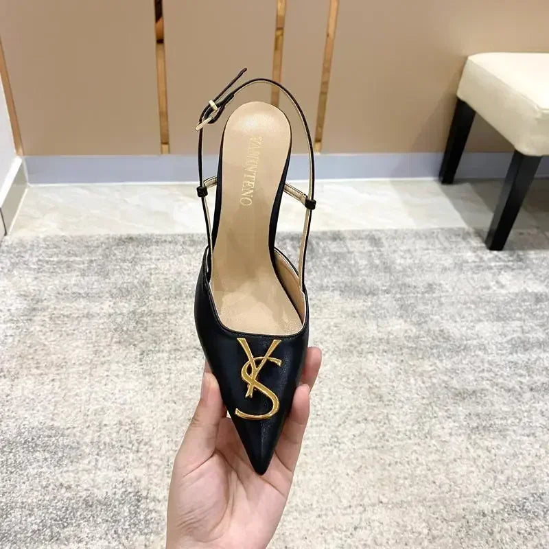 White Elegant Women's Stilettos Summer Fashion Sandals with Metal Buckle Baotou Pointed Back Design 2025 New Ladies' Shoes