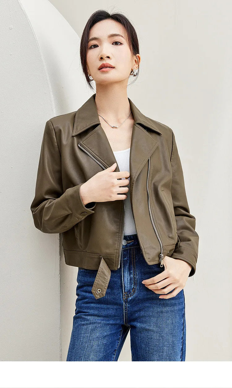 SENTUBILA Cropped Pu Leather Bomber Jacket Women 2026 Autumn Winter Vintage Lapel Zip Up Faux Leather Jacket Motorcycle Coats