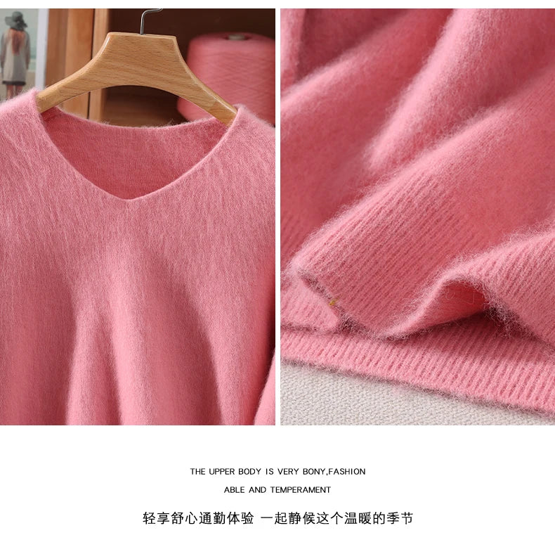 Fall/Winter New Fashion Mink Cashmere Sweater Women's Knitted V-neck Long-Sleeved Slim Bottoming Coat