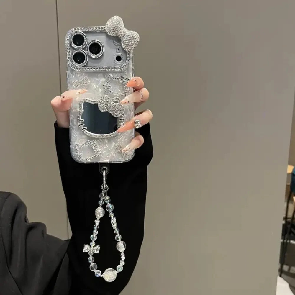 3D Cute Cartoon Sanrio Hello Kitty Glitter Phone Case for IPhone 17 16 15 14 13 12 Pro Max Shockproof Hard Makeup Mirror Cover