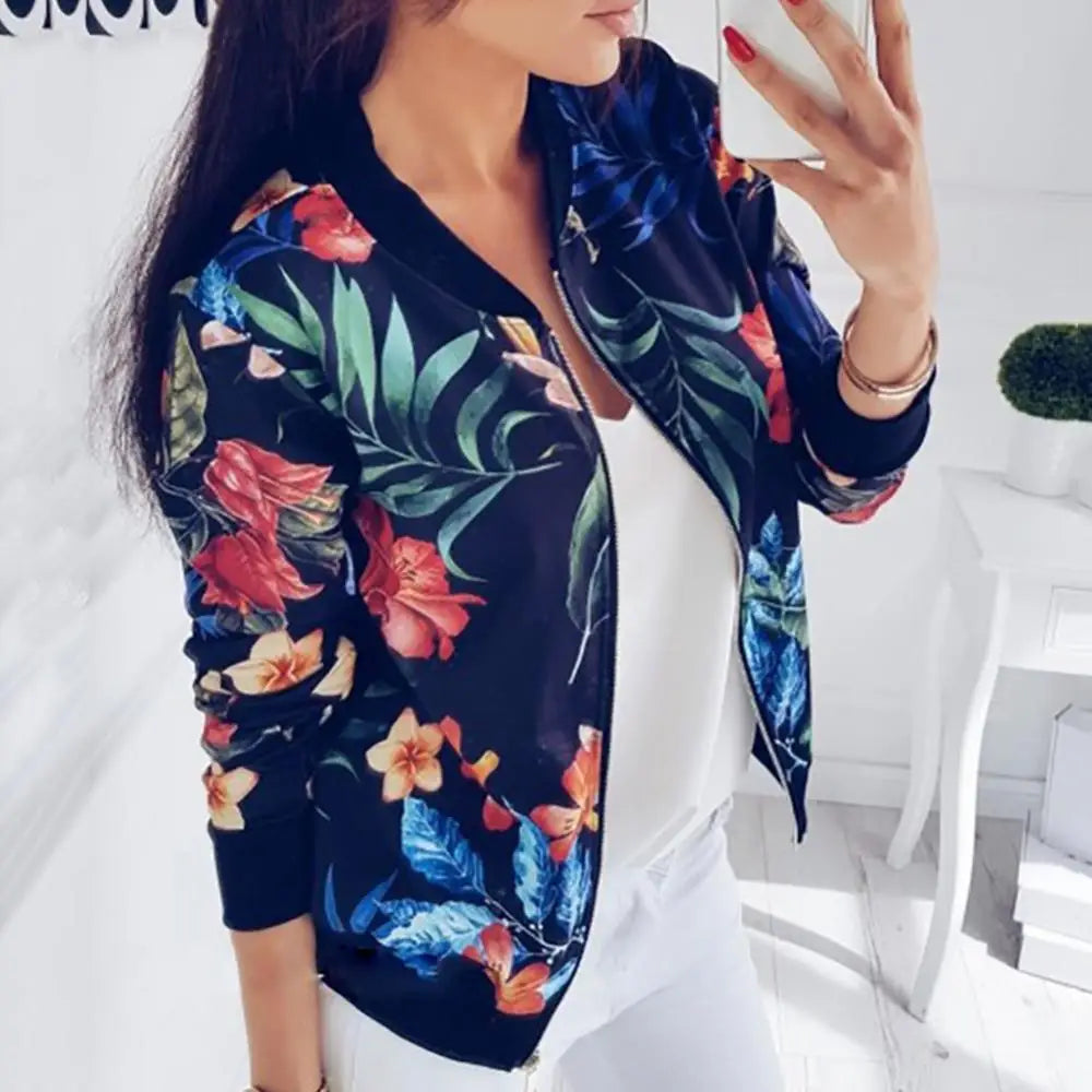 Women Jacket Elegant Flower Leaves Print Sports Women Long Sleeve Baseball Jacket Zip Coat Autumn BomberJackets Women Clothing