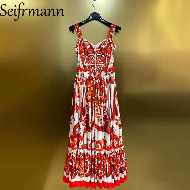 Seifrmann Summer Women's clothing New Fashionable Suspenders Cotton Printed Waist cinching Long Dress