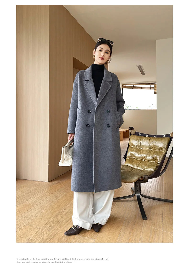 Notch Lapel Wool Coat Drop-Shoulder Women 100% Wool Loose Overcoat Double-Layers Autumn Winter Long Jacket Thick Trench Coat #24