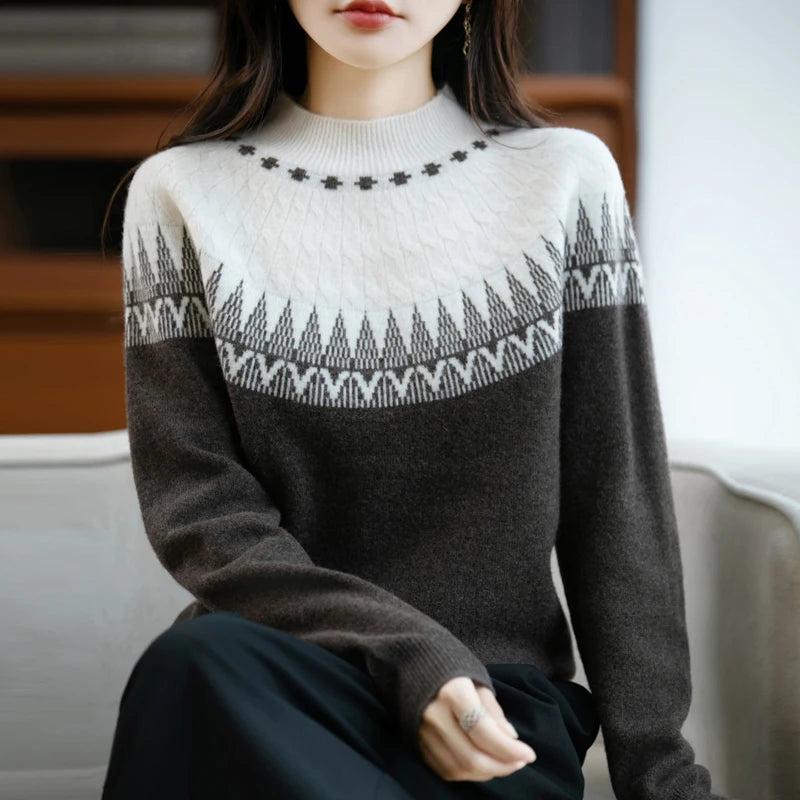 Autumn/Winter New Half High Neck Sweater 100% Wool Knitted Vintage Loose Fit Christmas Red Sweaters Chic Streetwear for Women