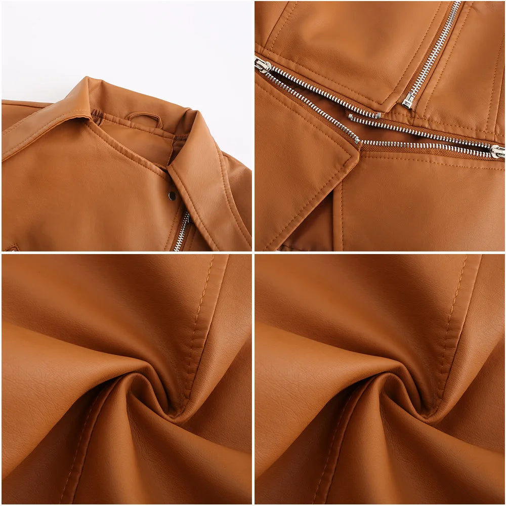 Women Faux Leather Coat Turn Down Collar Full Sleeve Jackets Zipper Casual Splice Coats Short Jacket Sexy Slim Fit Autumn
