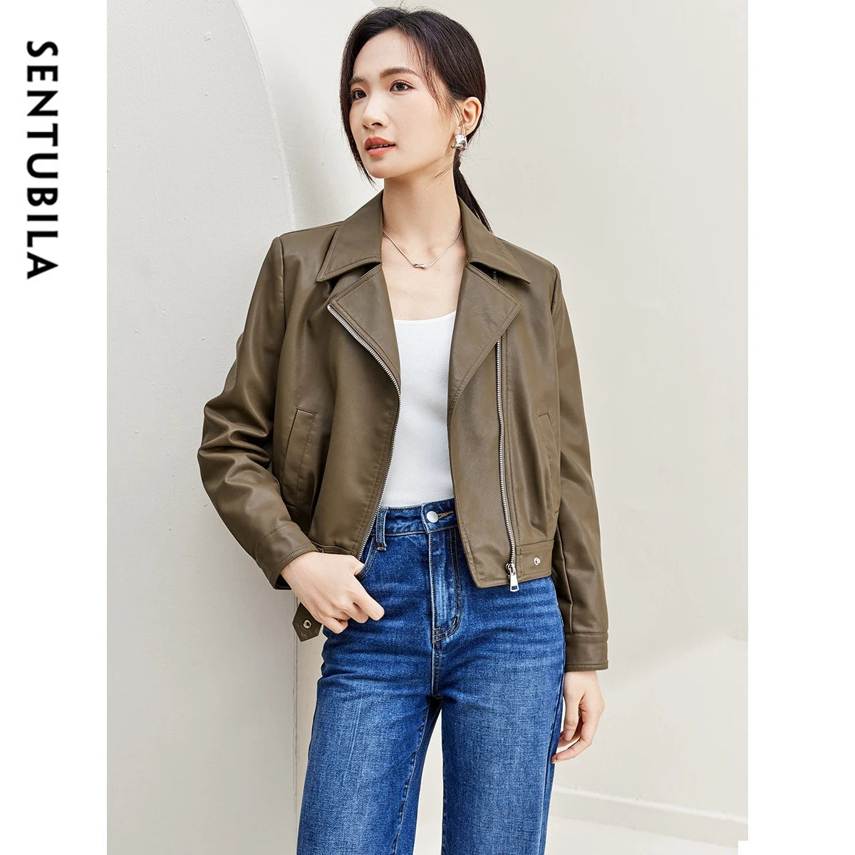 SENTUBILA Cropped Pu Leather Bomber Jacket Women 2026 Autumn Winter Vintage Lapel Zip Up Faux Leather Jacket Motorcycle Coats