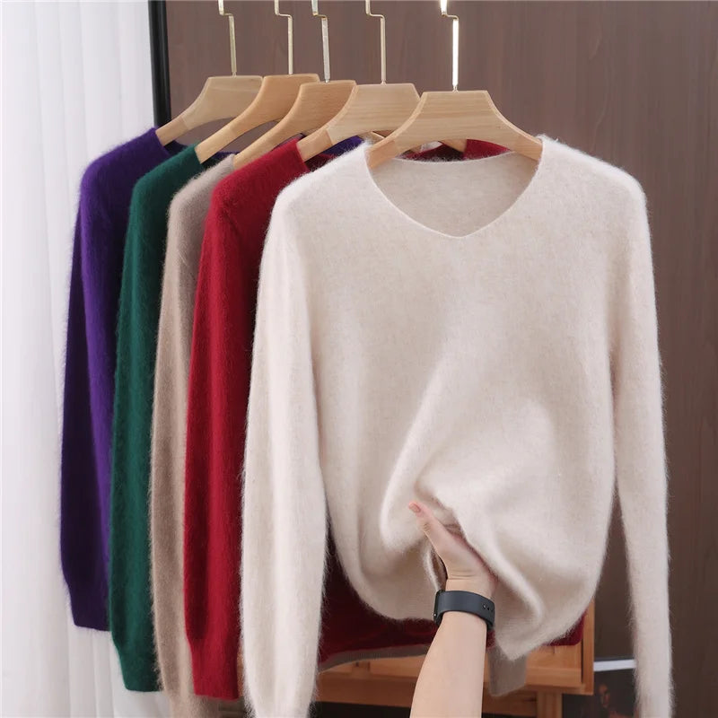 Fall/Winter New Fashion Mink Cashmere Sweater Women's Knitted V-neck Long-Sleeved Slim Bottoming Coat