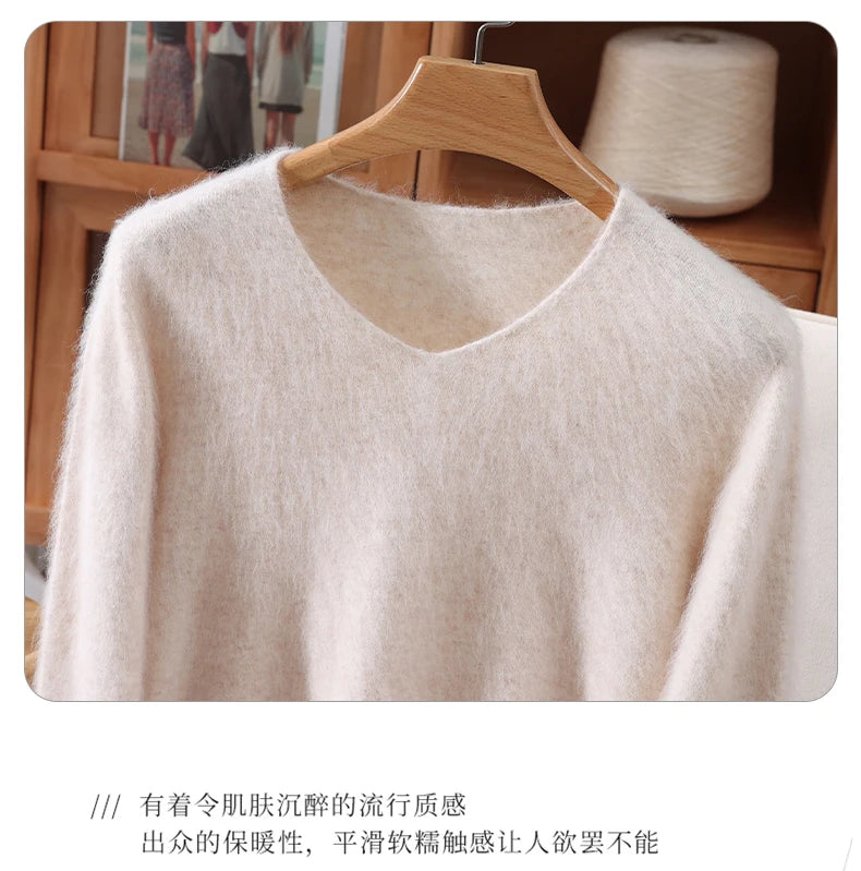 Fall/Winter New Fashion Mink Cashmere Sweater Women's Knitted V-neck Long-Sleeved Slim Bottoming Coat