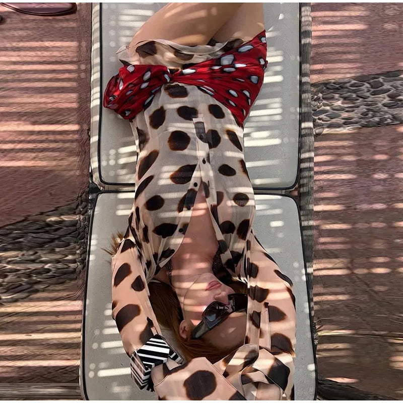 Sexy Leopard Women's Dress Full Sleeve Turn-down Collar Single Breasted Print Scarf Mini Dress 2026 Summer Chic Female Robe