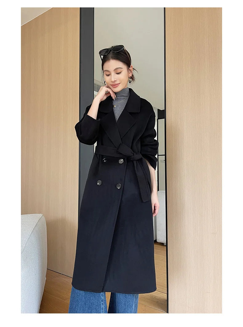 Notch Lapel Wool Coat Drop-Shoulder Women 100% Wool Loose Overcoat Double-Layers Autumn Winter Long Jacket Thick Trench Coat #24