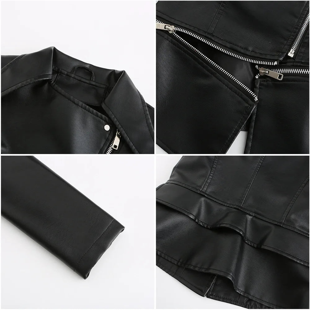 Women Faux Leather Coat Turn Down Collar Full Sleeve Jackets Zipper Casual Splice Coats Short Jacket Sexy Slim Fit Autumn