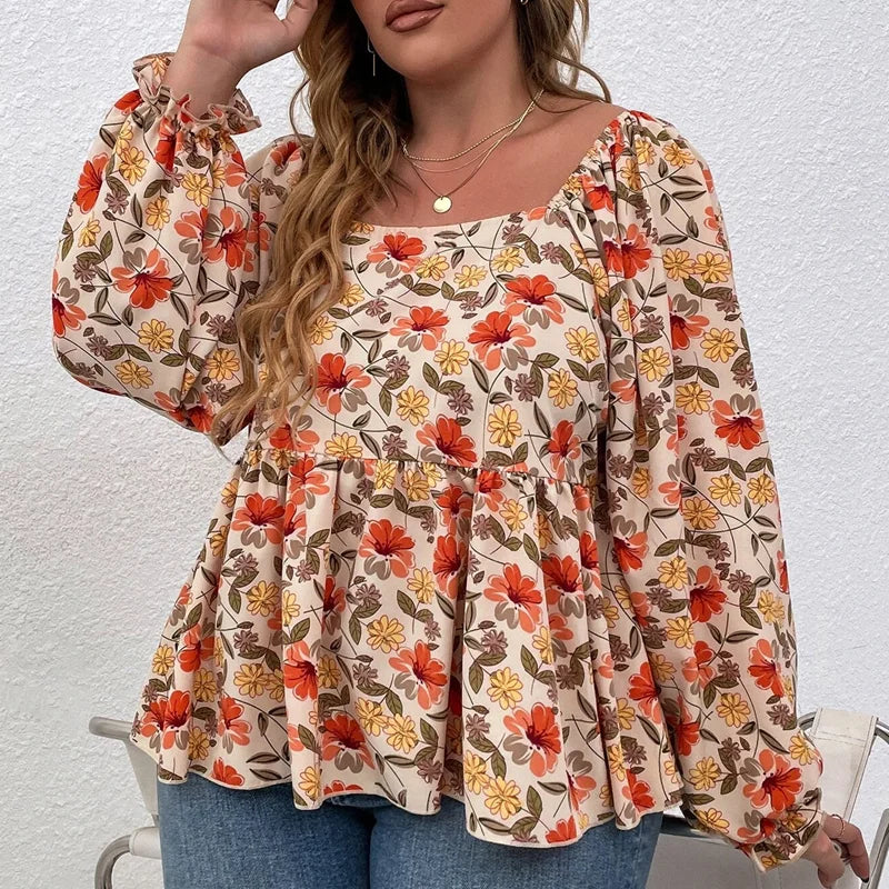 Plus Size Floral Print Square Neck Summer Spring Elegant Peplum Blouse Women Lantern Sleeve Casual Blouse Female Large Size 6XL