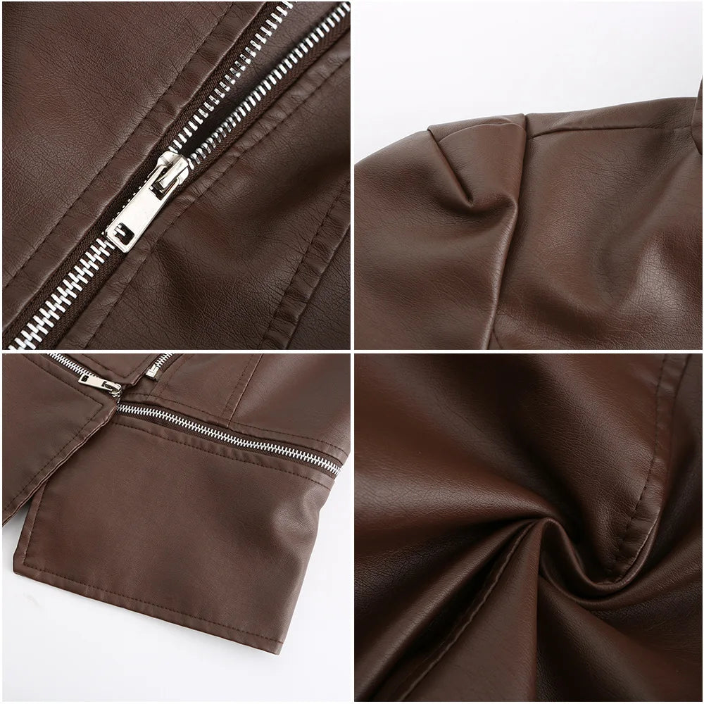 Women Faux Leather Coat Turn Down Collar Full Sleeve Jackets Zipper Casual Splice Coats Short Jacket Sexy Slim Fit Autumn
