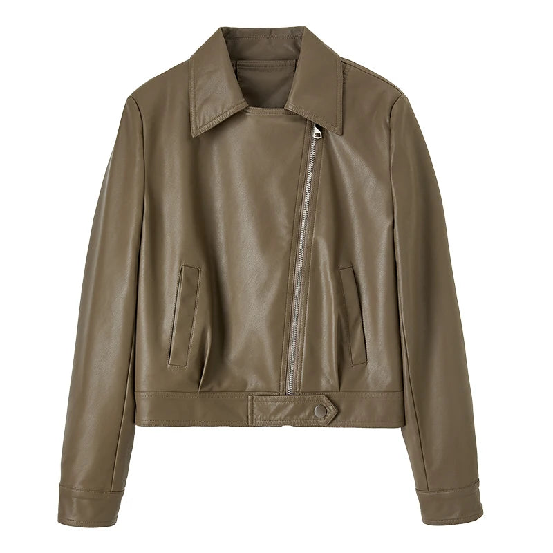 SENTUBILA Cropped Pu Leather Bomber Jacket Women 2026 Autumn Winter Vintage Lapel Zip Up Faux Leather Jacket Motorcycle Coats